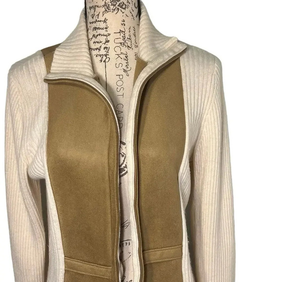 Liz Claiborne Angora Wool Faux Suede Bodice Sweater Jacket Shacket Womens L Tan - Picture 5 of 9